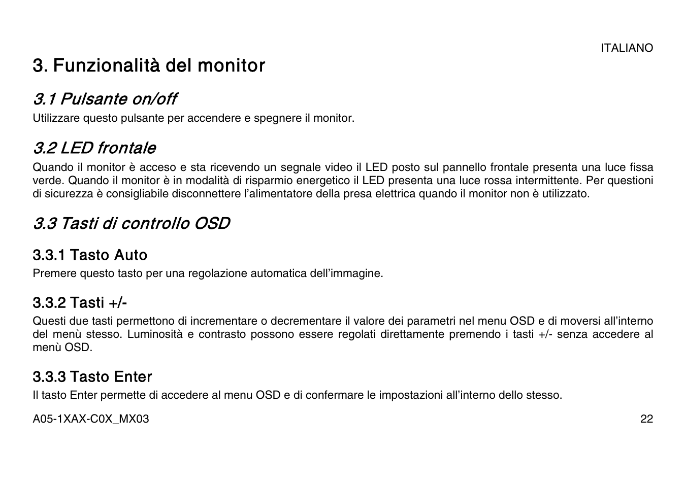 Funzionalità del monitor, 1 pulsante on/off, 2 led frontale | 3 tasti di controllo osd | Atlantis Land A05-15AX-C07 User Manual | Page 29 / 57