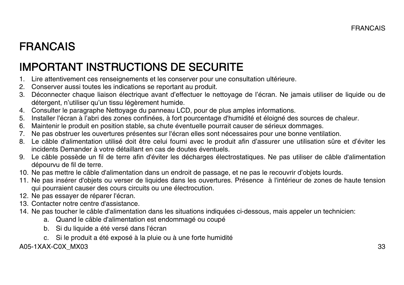 Francais important instructions de securite | Atlantis Land A05-15AX-C07 User Manual | Page 40 / 57