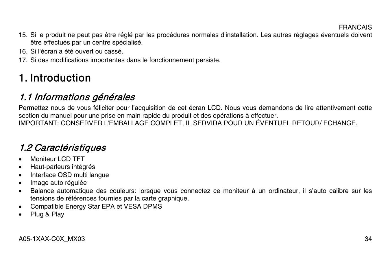 Introduction, 1 informations générales, 2 caractéristiques | Atlantis Land A05-15AX-C07 User Manual | Page 41 / 57