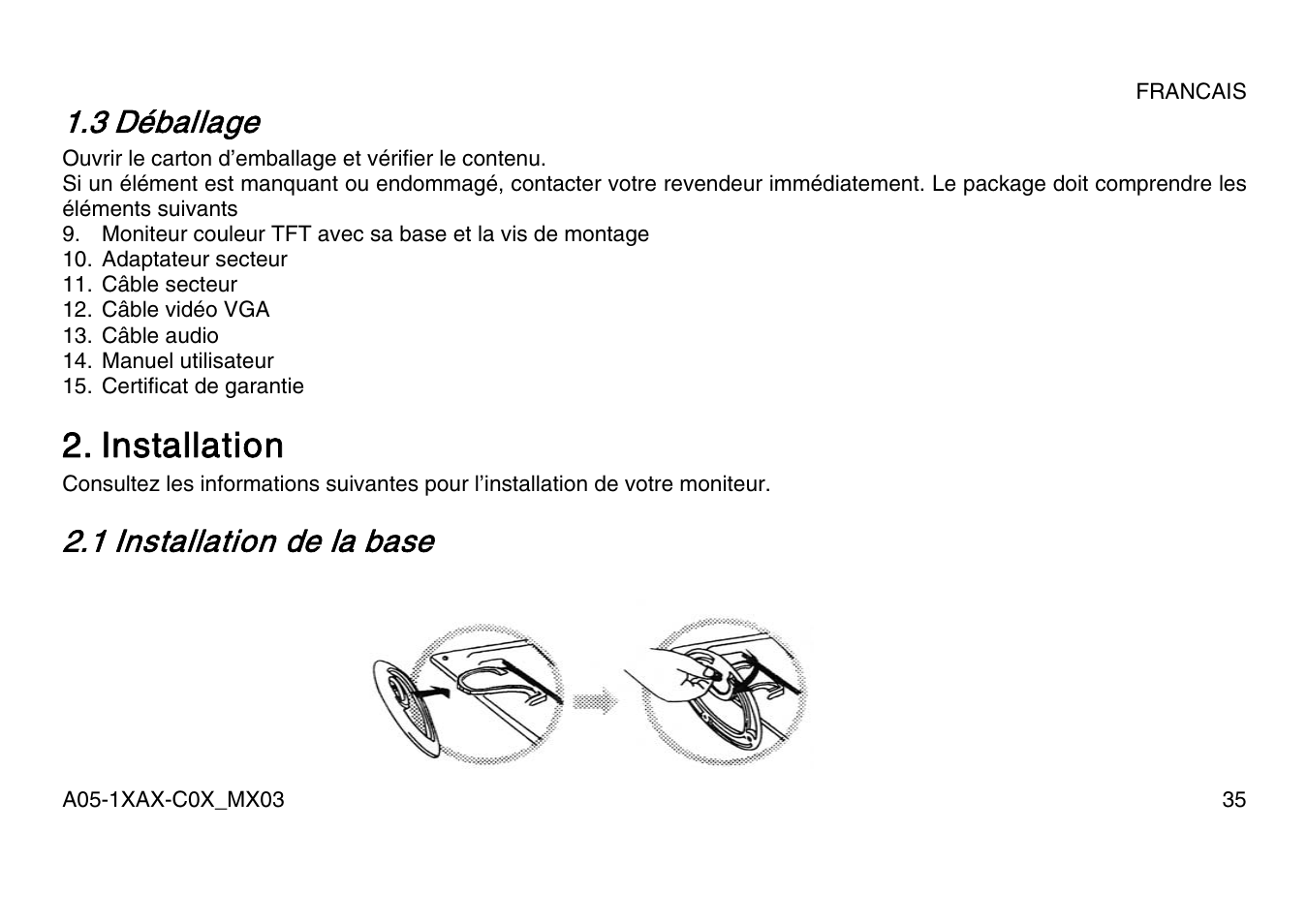 Installation, 3 déballage, 1 installation de la base | Atlantis Land A05-15AX-C07 User Manual | Page 42 / 57