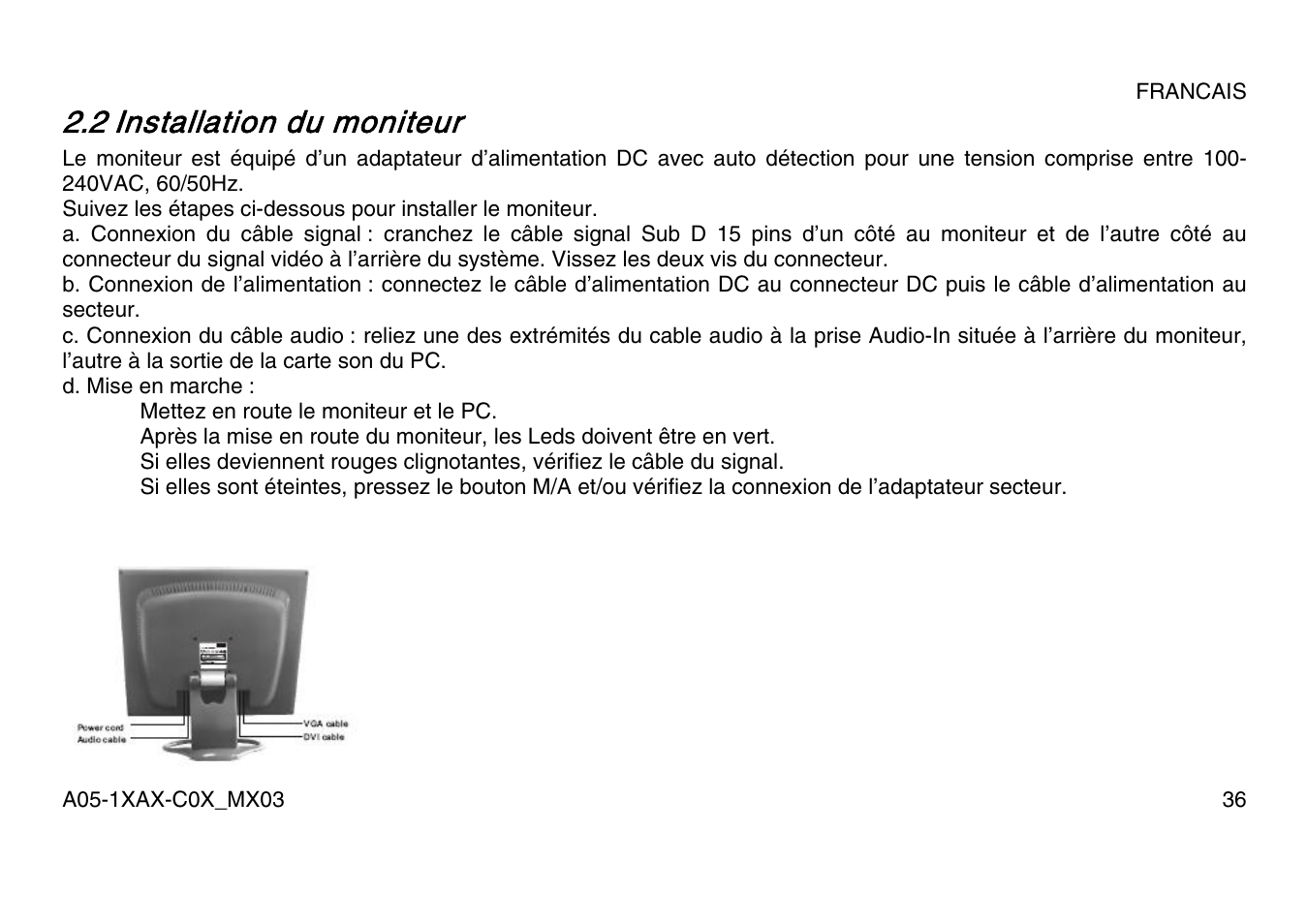 2 installation du moniteur | Atlantis Land A05-15AX-C07 User Manual | Page 43 / 57