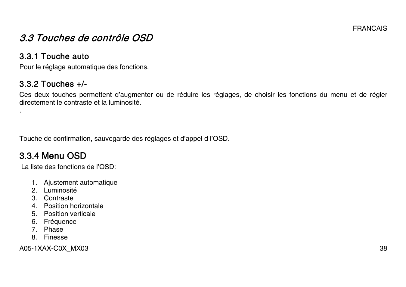 3 touches de contrôle osd | Atlantis Land A05-15AX-C07 User Manual | Page 45 / 57