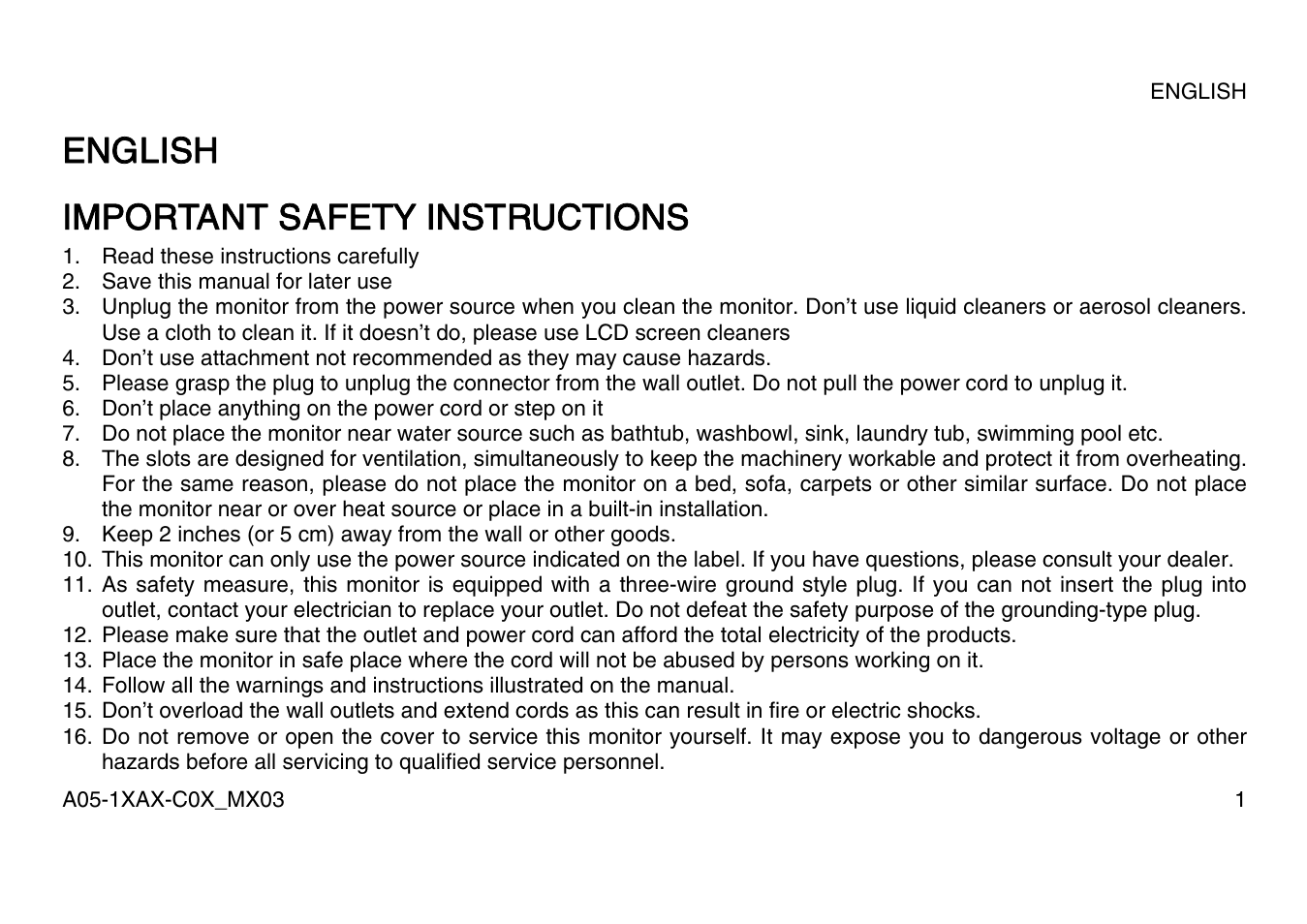 English important safety instructions | Atlantis Land A05-15AX-C07 User Manual | Page 8 / 57