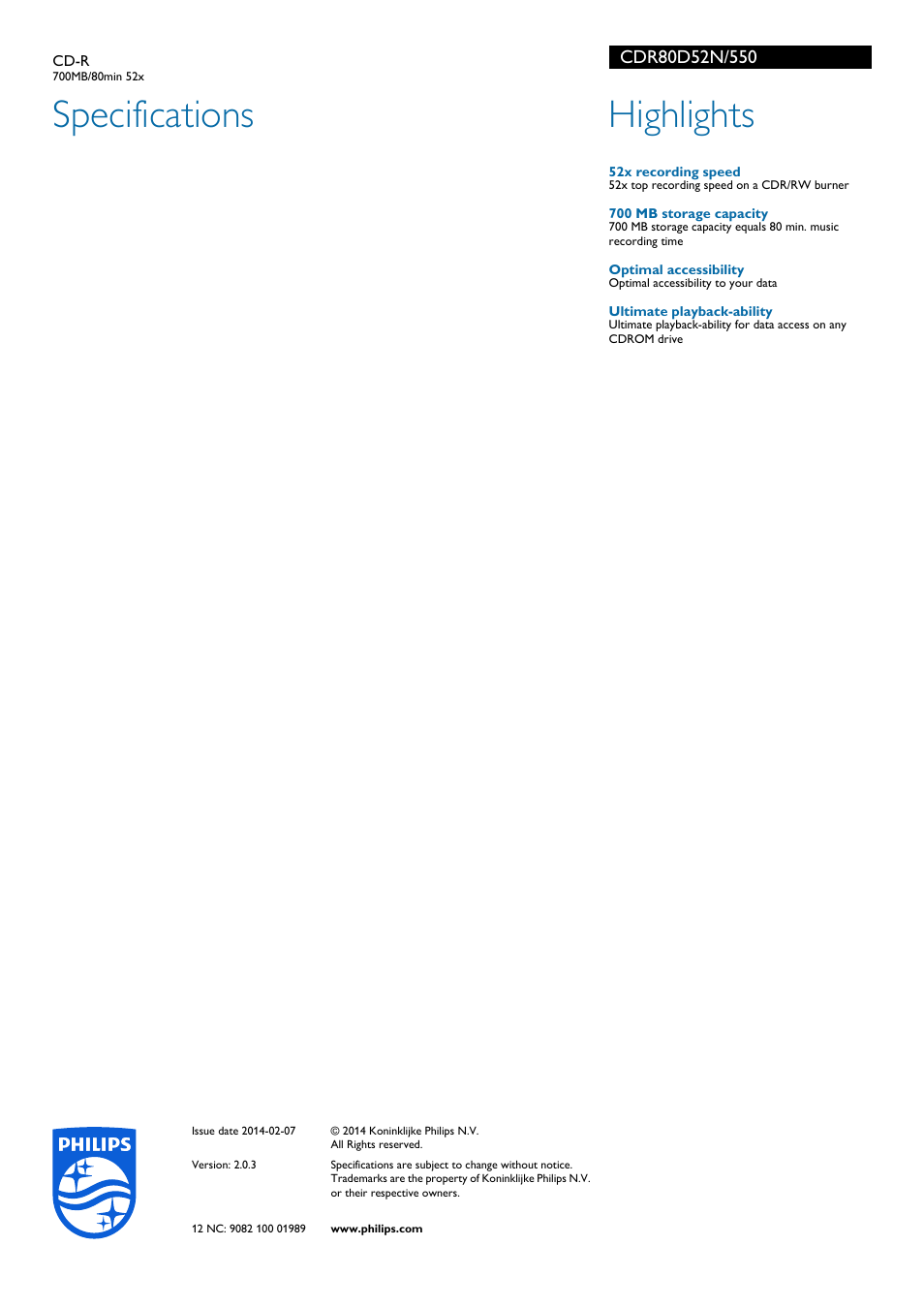 Specifications, Highlights | Philips CDR80D52N-550 User Manual | Page 2 / 2