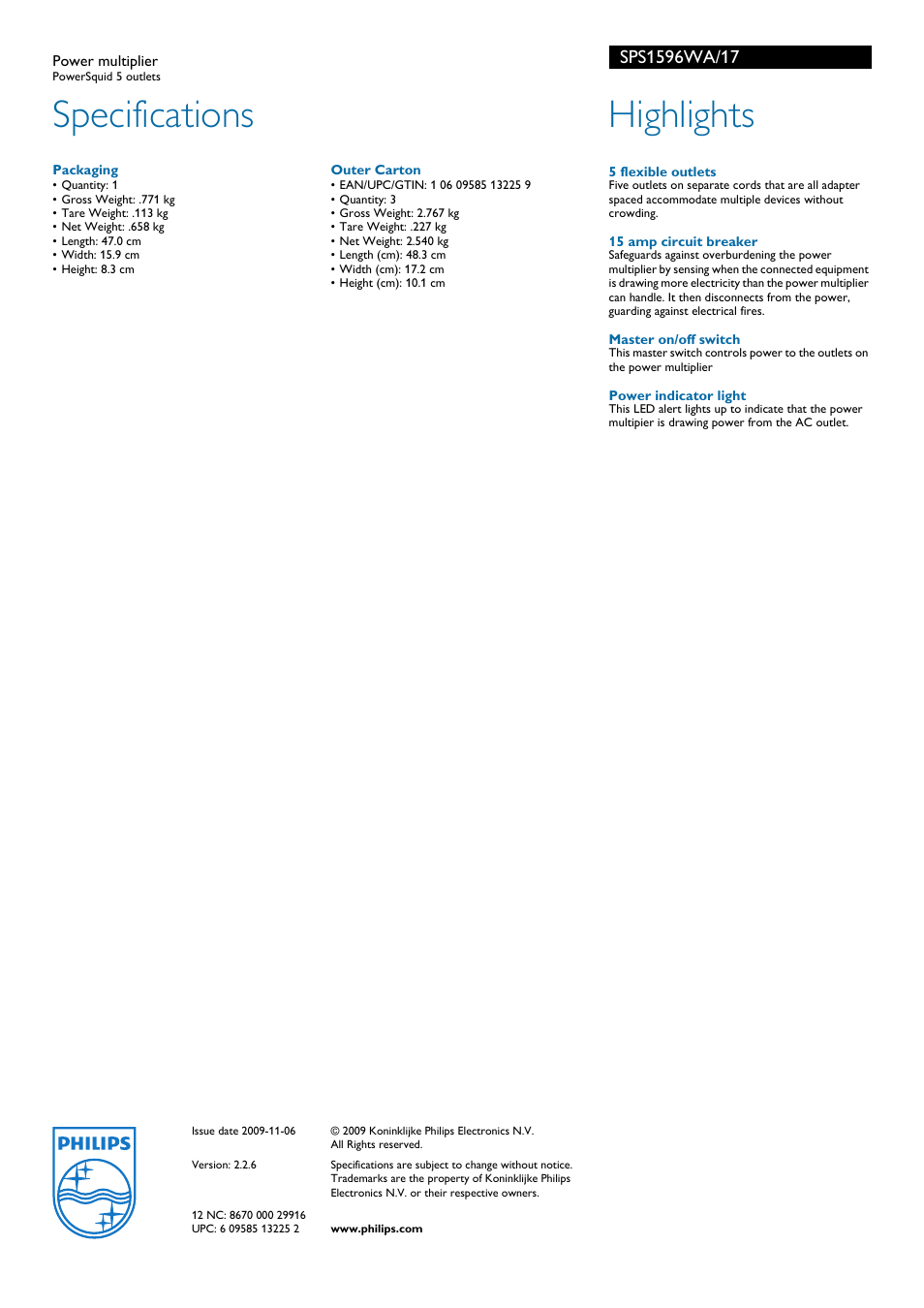 Specifications, Highlights | Philips SPS1596WA-17 User Manual | Page 2 / 2