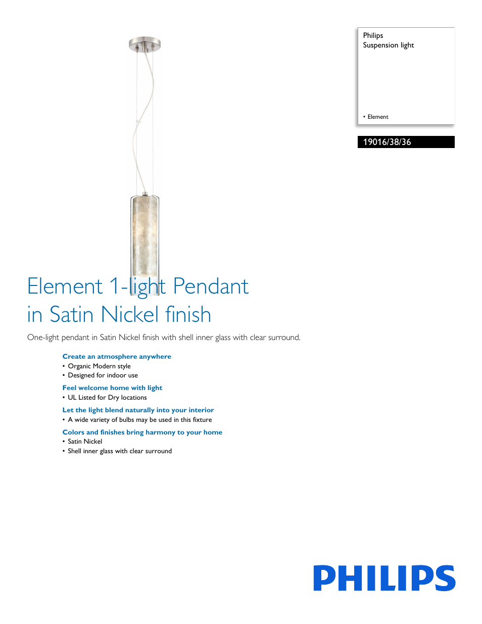 Philips Forecast Suspension light 19016-38-36 Element User Manual | 2 pages