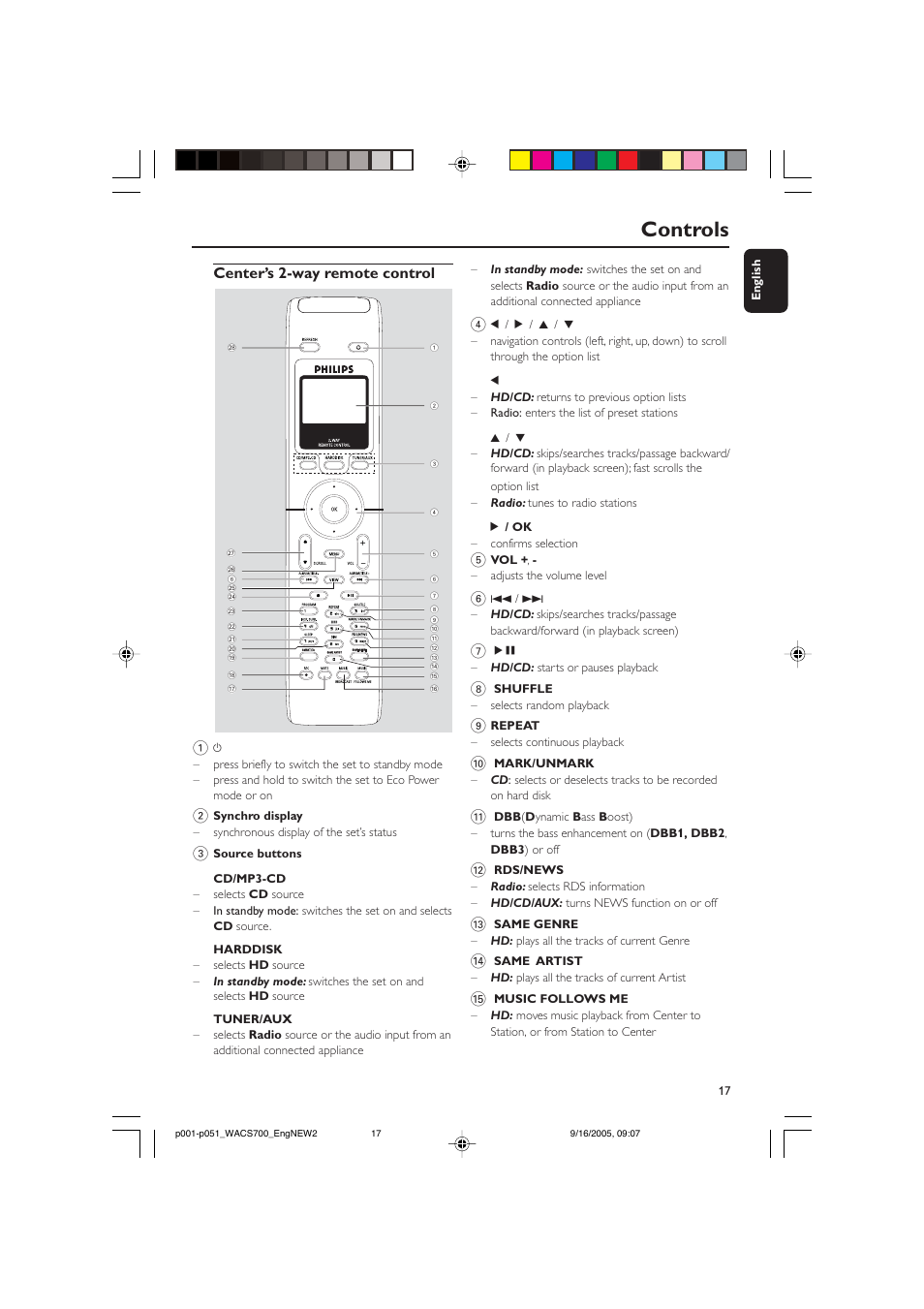 Controls, Center’s 2-way remote control 1 | Philips WACS700-37B User Manual | Page 17 / 51