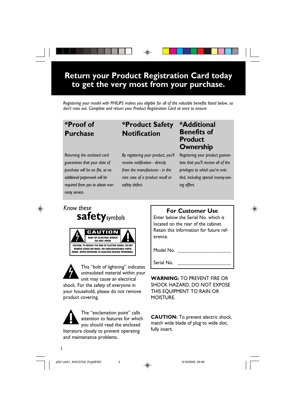 Safety, Proof of purchase, Product safety notification | Additional benefits of product ownership, Know these, Symbols | Philips WACS700-37B User Manual | Page 2 / 51