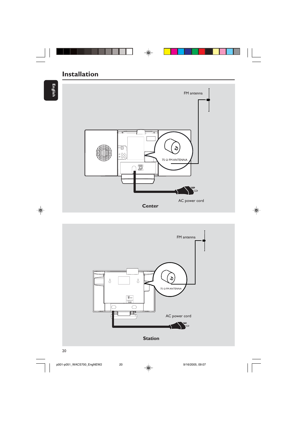 Installation, Center station, 20 english | Ac power cord fm antenna ac power cord fm antenna | Philips WACS700-37B User Manual | Page 20 / 51