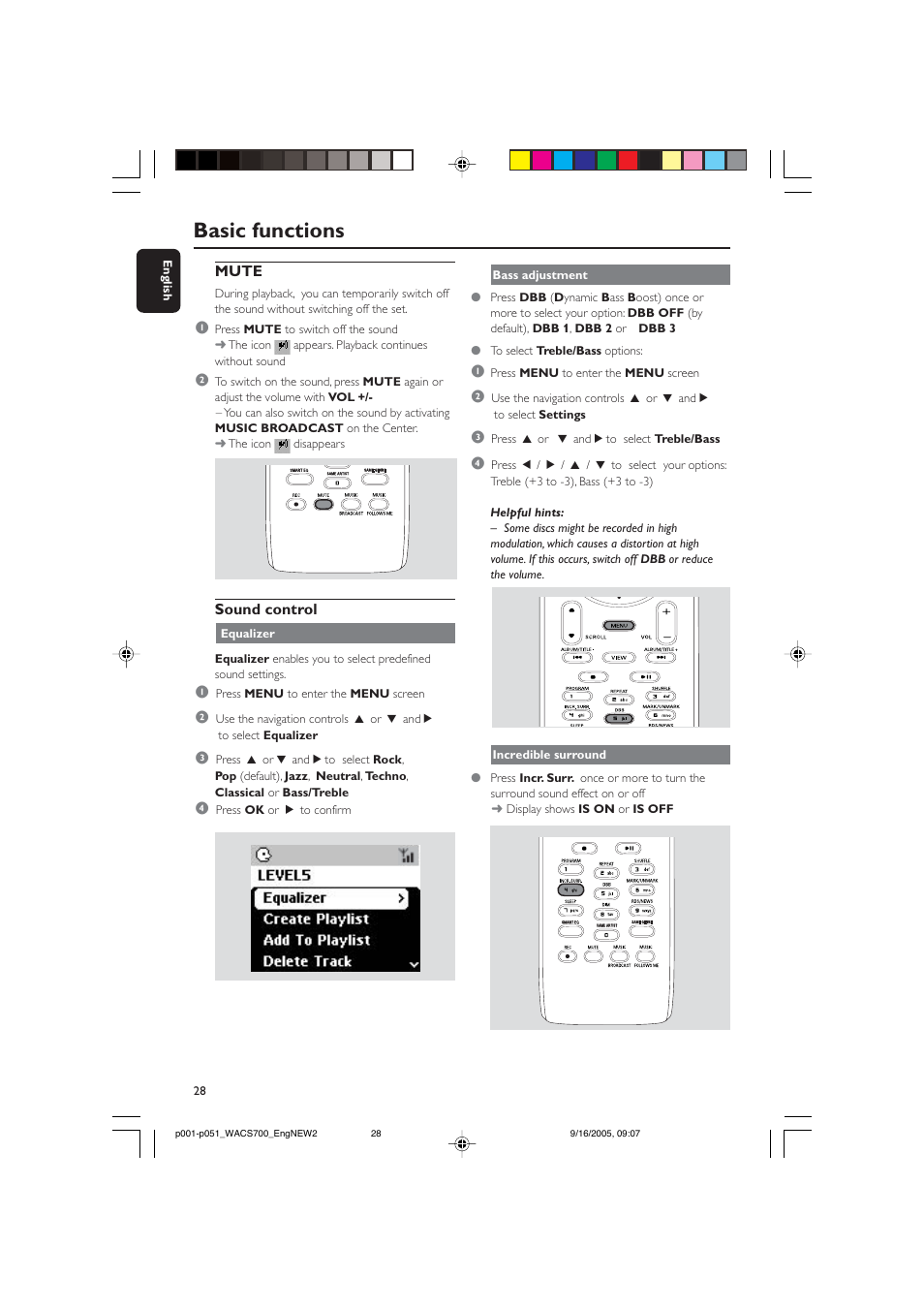 Basic functions, Mute, Sound control | Philips WACS700-37B User Manual | Page 28 / 51