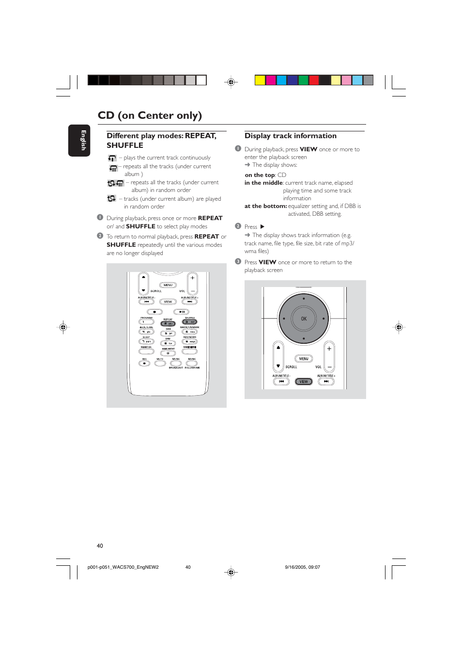 Cd (on center only), Display track information 1, Different play modes: repeat, shuffle | Philips WACS700-37B User Manual | Page 40 / 51