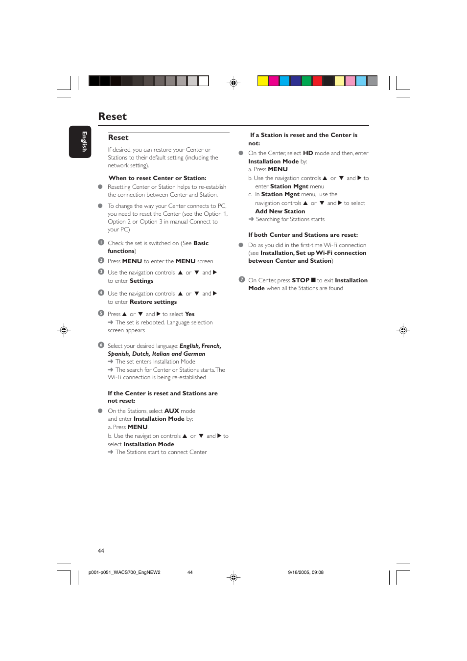 Reset | Philips WACS700-37B User Manual | Page 44 / 51