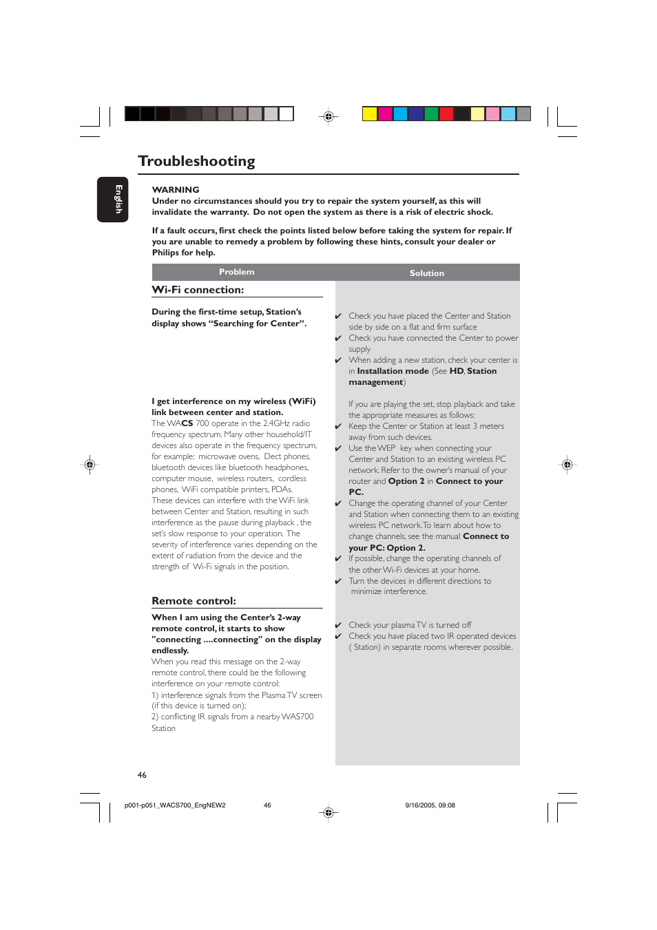 Troubleshooting, Wi-fi connection, Remote control | Philips WACS700-37B User Manual | Page 46 / 51