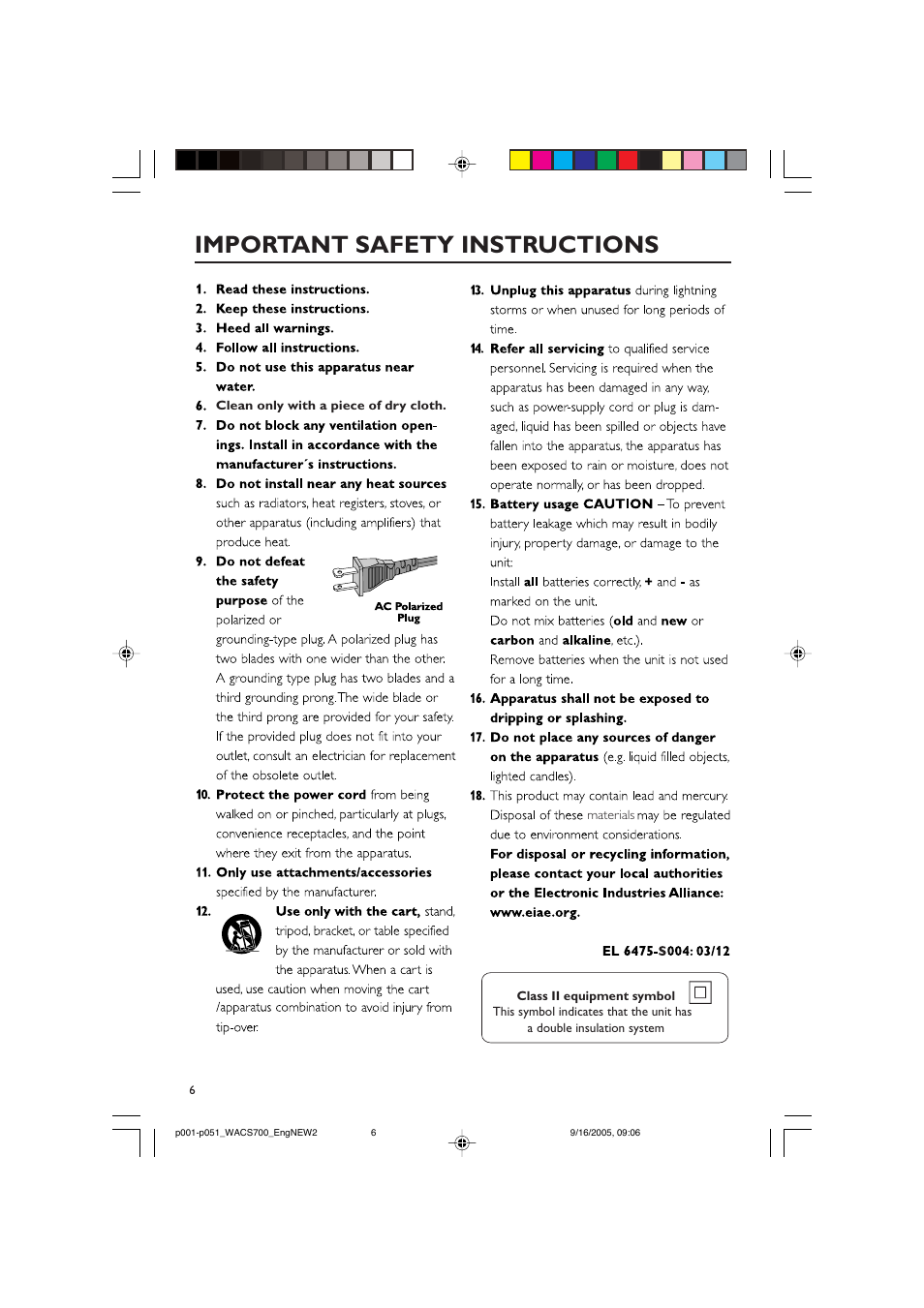 Important safety instructions | Philips WACS700-37B User Manual | Page 6 / 51