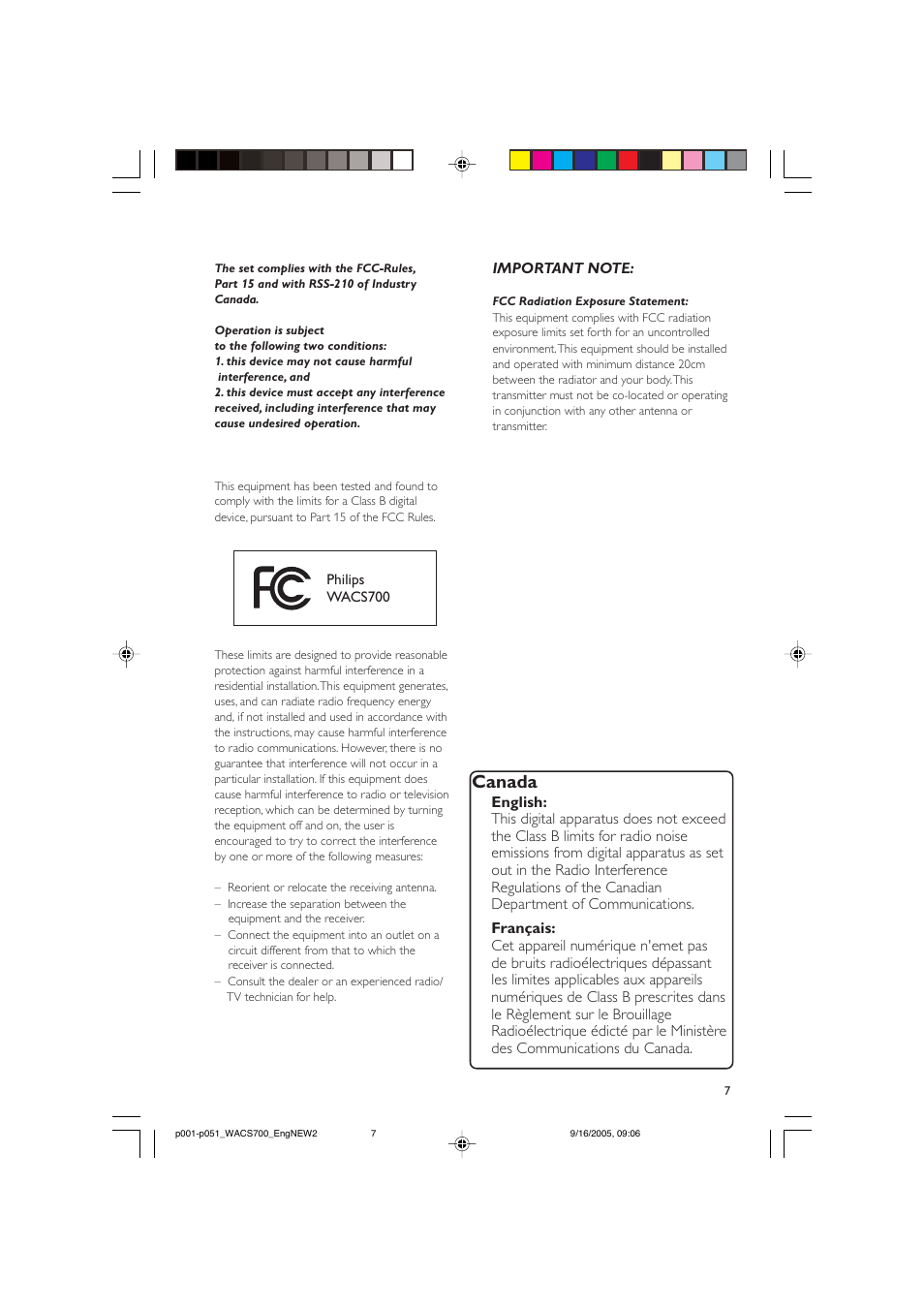 Canada | Philips WACS700-37B User Manual | Page 7 / 51