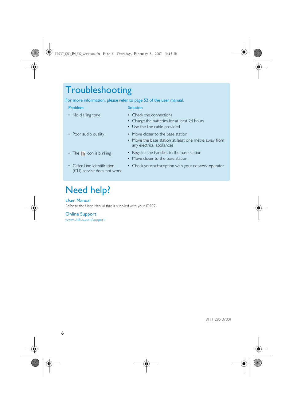 Troubleshooting, Need help | Philips ID9371B-37 User Manual | Page 6 / 6