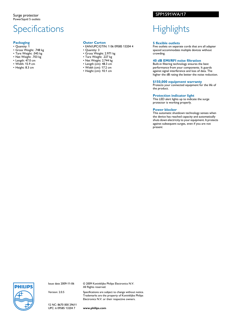 Specifications, Highlights | Philips SPP1591WA-17 User Manual | Page 2 / 2