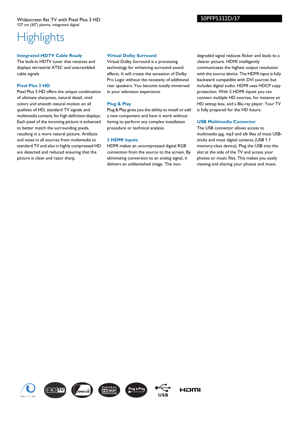 Highlights | Philips 50" plasma widescreen flat TV Pixel Plus 3 HD User Manual | Page 2 / 3