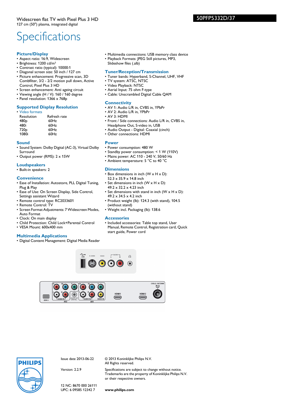 Specifications | Philips 50" plasma widescreen flat TV Pixel Plus 3 HD User Manual | Page 3 / 3