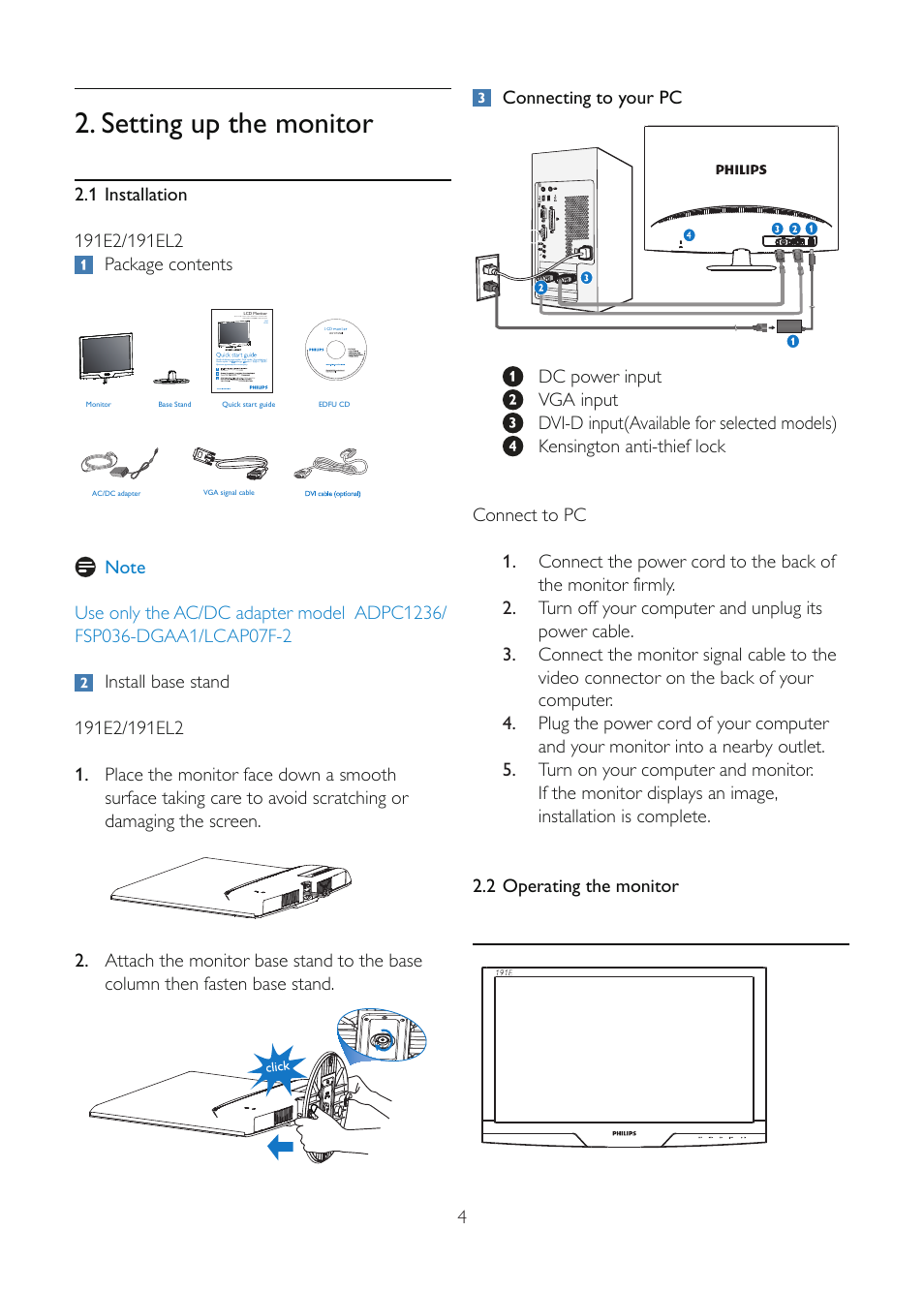 Setting up the monitor | Philips 191E2SB-00 User Manual | Page 6 / 47