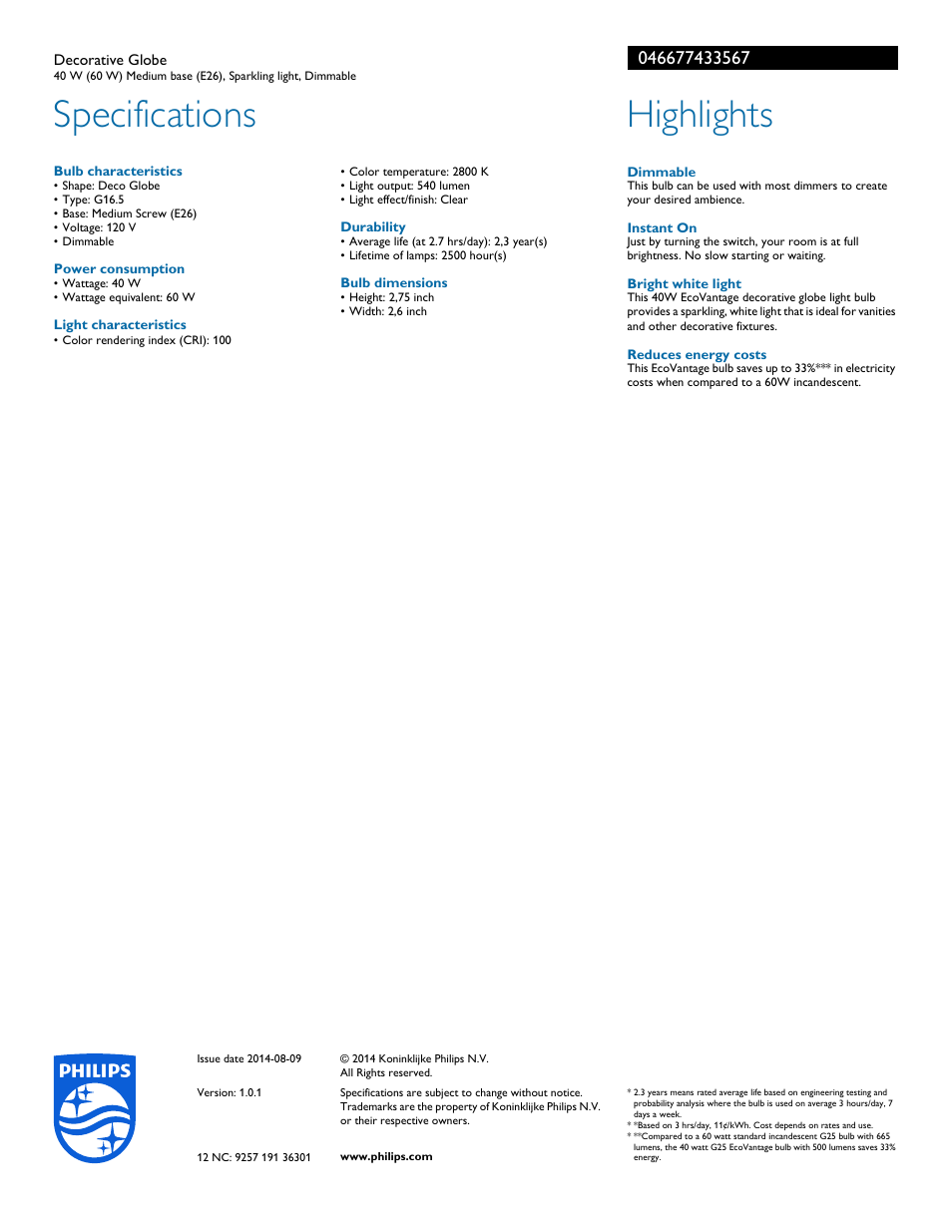 Specifications, Highlights | Philips 046677433567 User Manual | Page 2 / 2