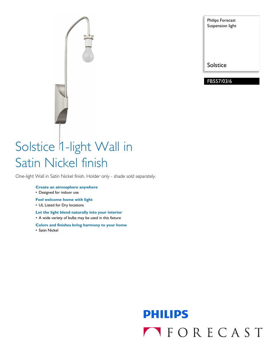 Philips Forecast Suspension light FB557-03-6 Solstice User Manual | 2 pages