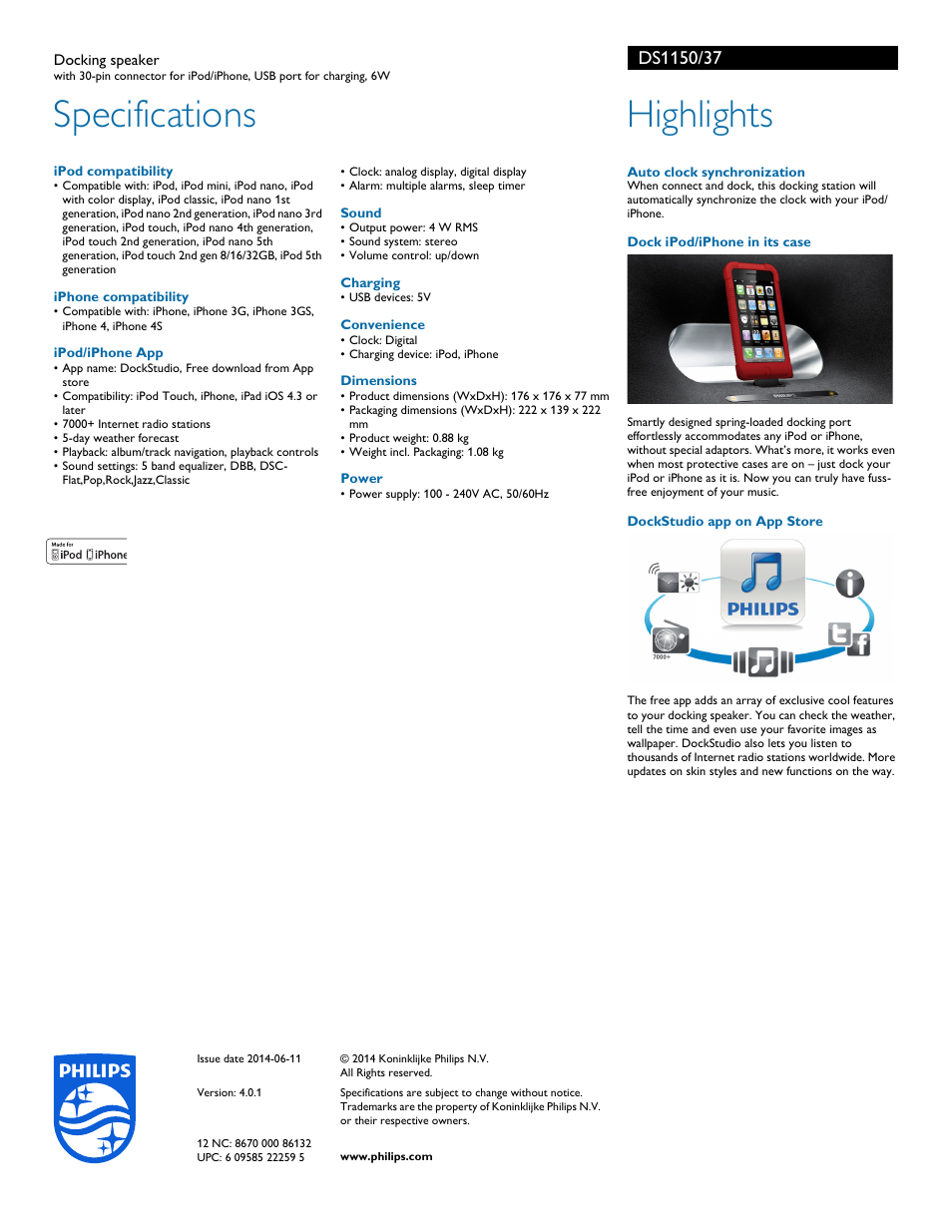 Specifications, Highlights | Philips DS1150-37 User Manual | Page 2 / 2