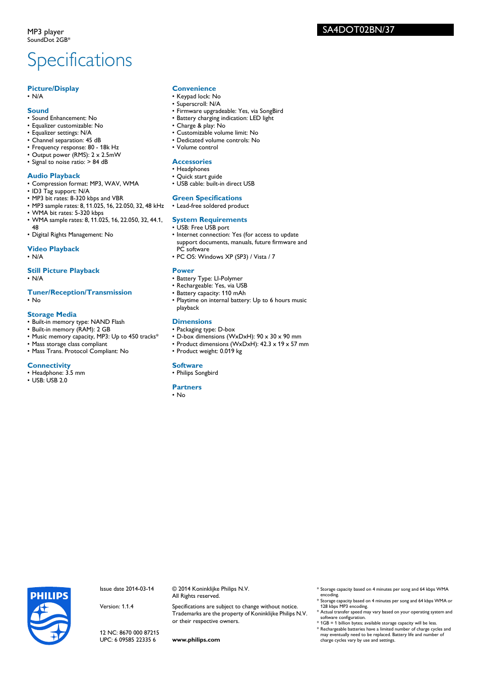 Specifications | Philips SA4DOT02BN-37 User Manual | Page 3 / 3