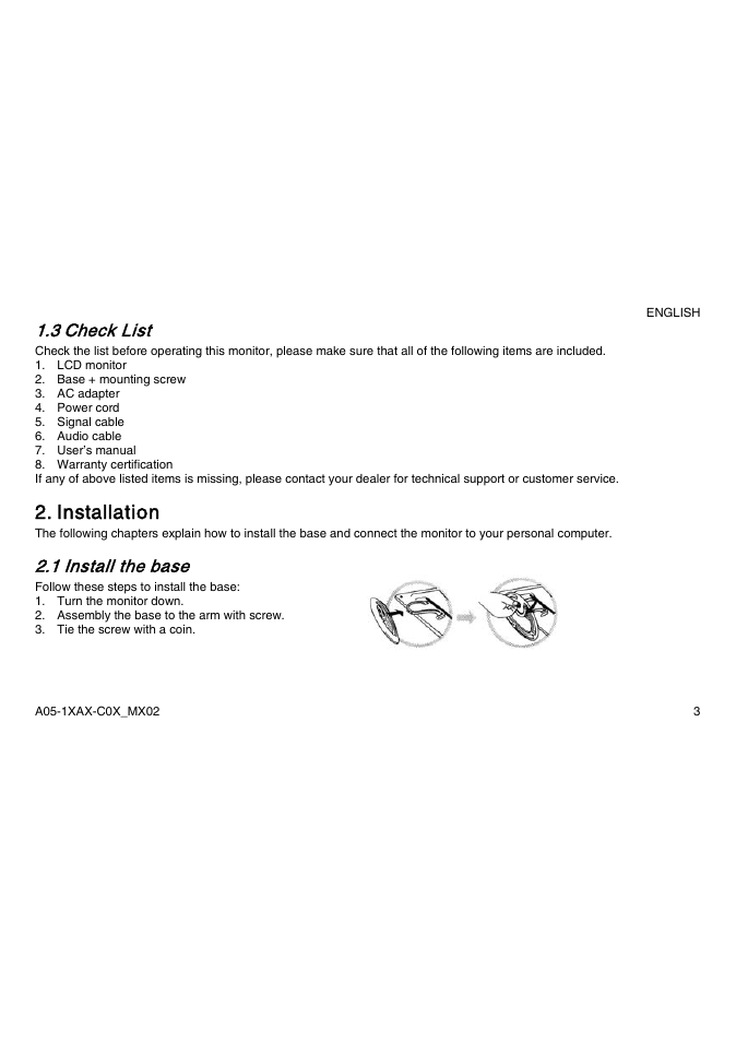 Installation, 3 check list, 1 install the base | Atlantis Land A05-15AX-C03 User Manual | Page 10 / 57