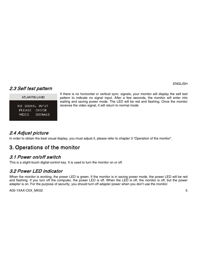 Operations of the monitor, 3 self test pattern, 4 adjust picture | 1 power on/off switch, 2 power led indicator | Atlantis Land A05-15AX-C03 User Manual | Page 12 / 57