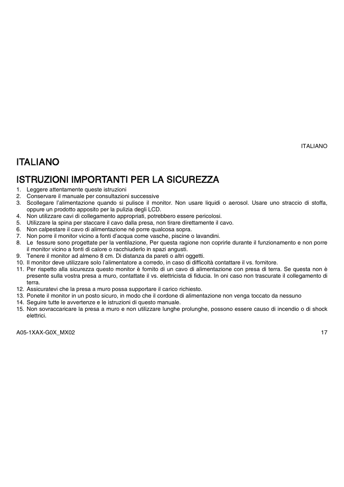 Italiano istruzioni importanti per la sicurezza | Atlantis Land A05-15AX-C03 User Manual | Page 24 / 57