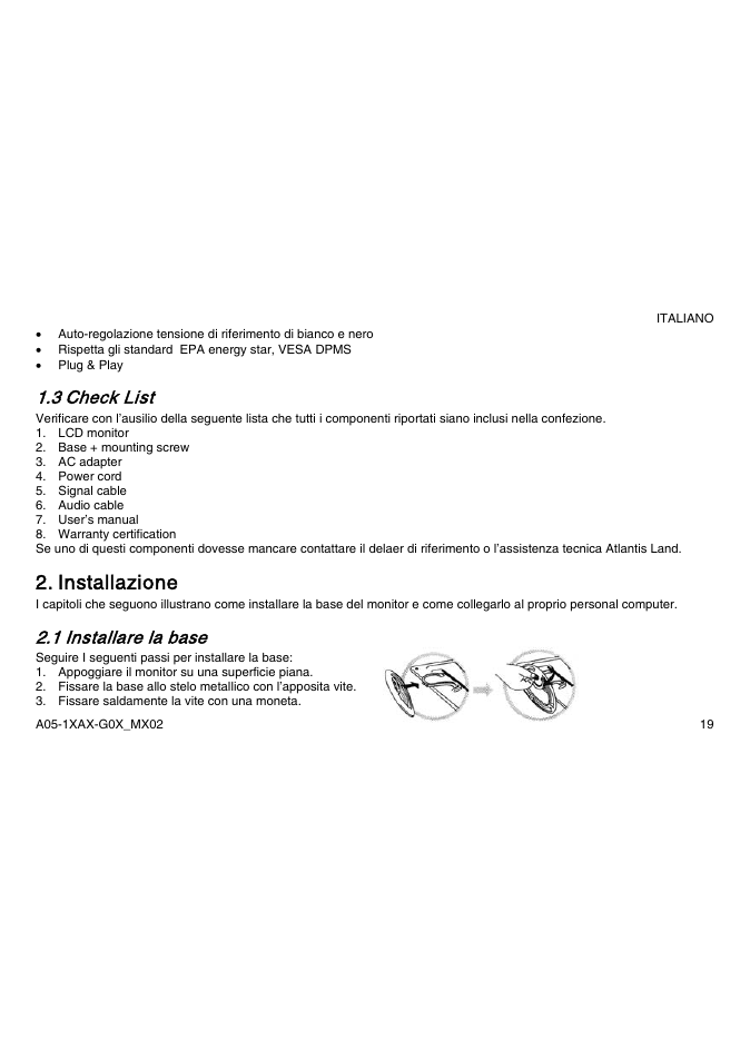Installazione, 3 check list, 1 installare la base | Atlantis Land A05-15AX-C03 User Manual | Page 26 / 57