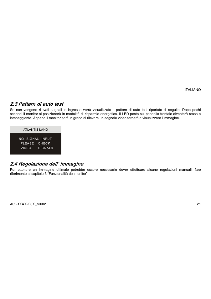 3 pattern di auto test, 4 regolazione dell’ immagine | Atlantis Land A05-15AX-C03 User Manual | Page 28 / 57