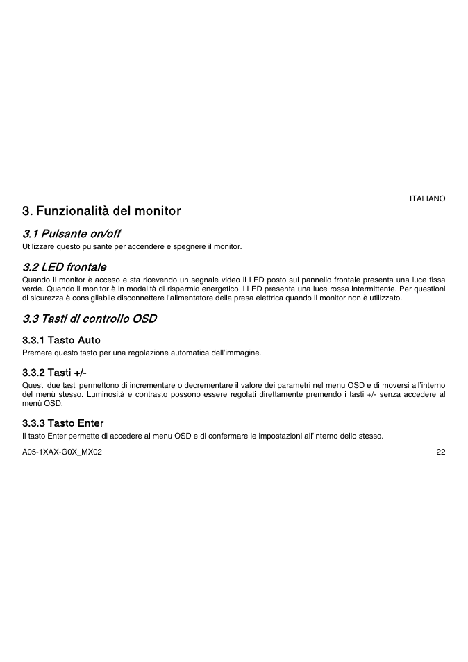 Funzionalità del monitor, 1 pulsante on/off, 2 led frontale | 3 tasti di controllo osd | Atlantis Land A05-15AX-C03 User Manual | Page 29 / 57