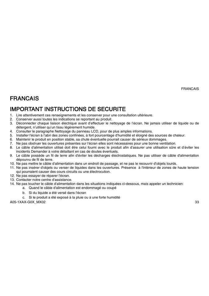 Francais important instructions de securite | Atlantis Land A05-15AX-C03 User Manual | Page 40 / 57