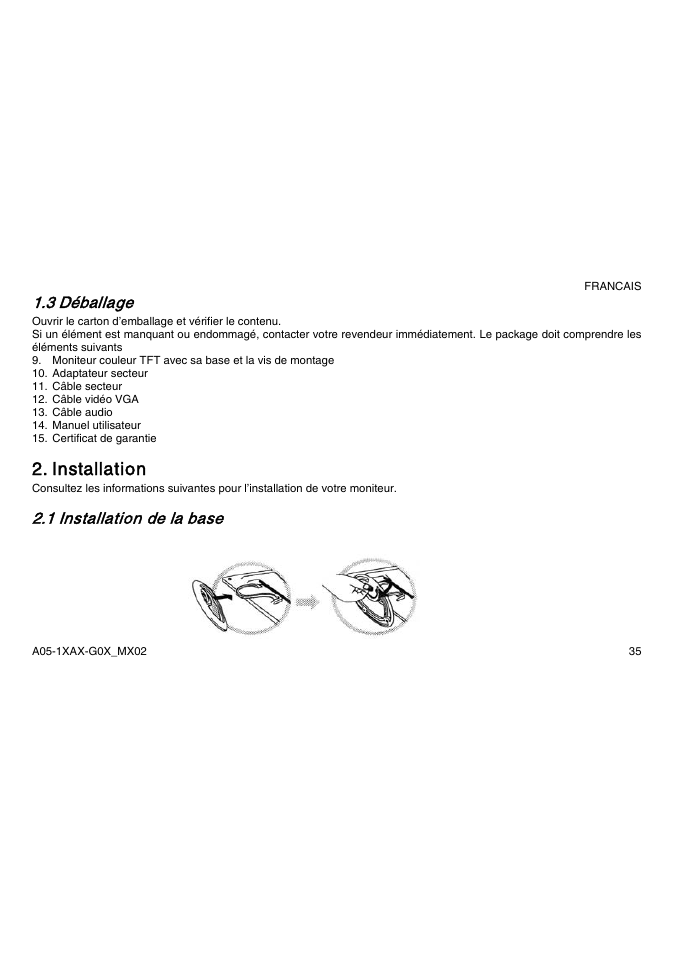 Installation, 3 déballage, 1 installation de la base | Atlantis Land A05-15AX-C03 User Manual | Page 42 / 57