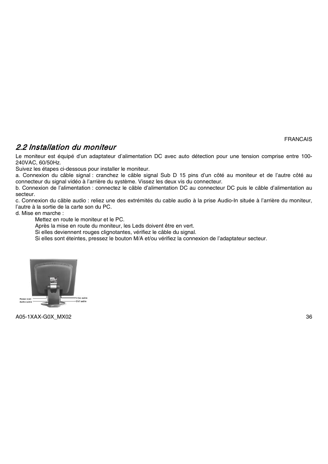 2 installation du moniteur | Atlantis Land A05-15AX-C03 User Manual | Page 43 / 57