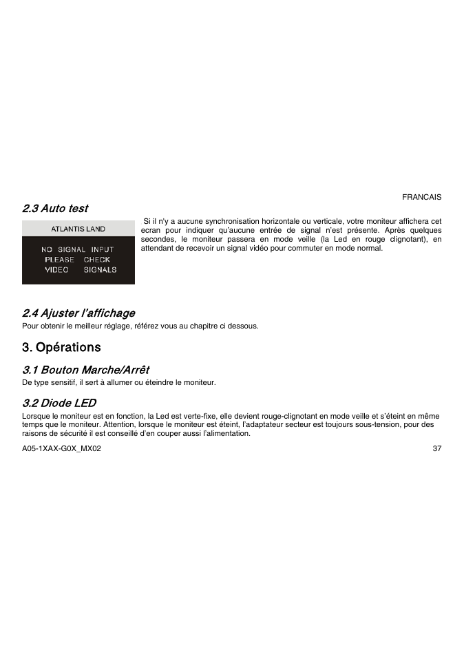 Opérations, 3 auto test, 4 ajuster l’affichage | 1 bouton marche/arrêt, 2 diode led | Atlantis Land A05-15AX-C03 User Manual | Page 44 / 57