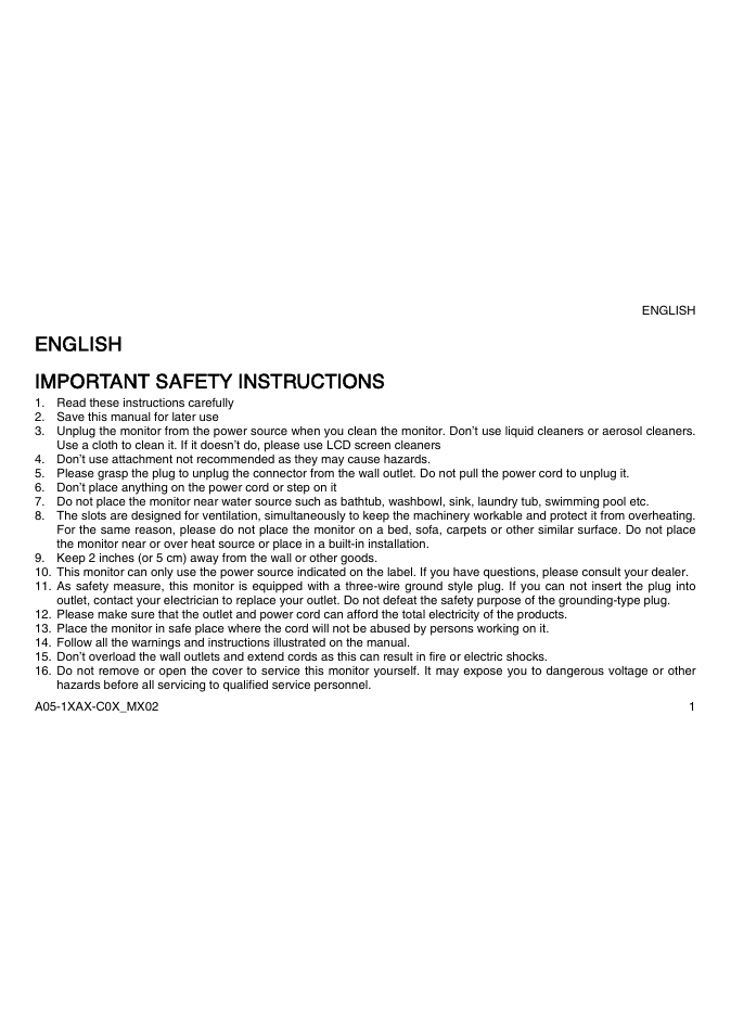 English important safety instructions | Atlantis Land A05-15AX-C03 User Manual | Page 8 / 57