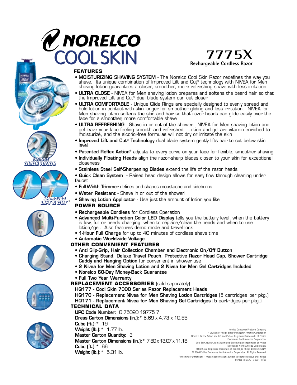 7775x, Rechargeable cordless razor | Philips 7775X-43 User Manual | Page 2 / 2