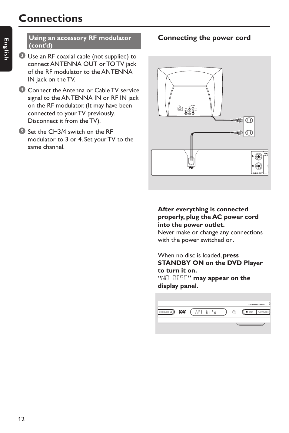 Connections, Connecting the power cord, Using an accessory rf modulator (cont’d) | English, No disc | Philips DVP642-37B User Manual | Page 12 / 39