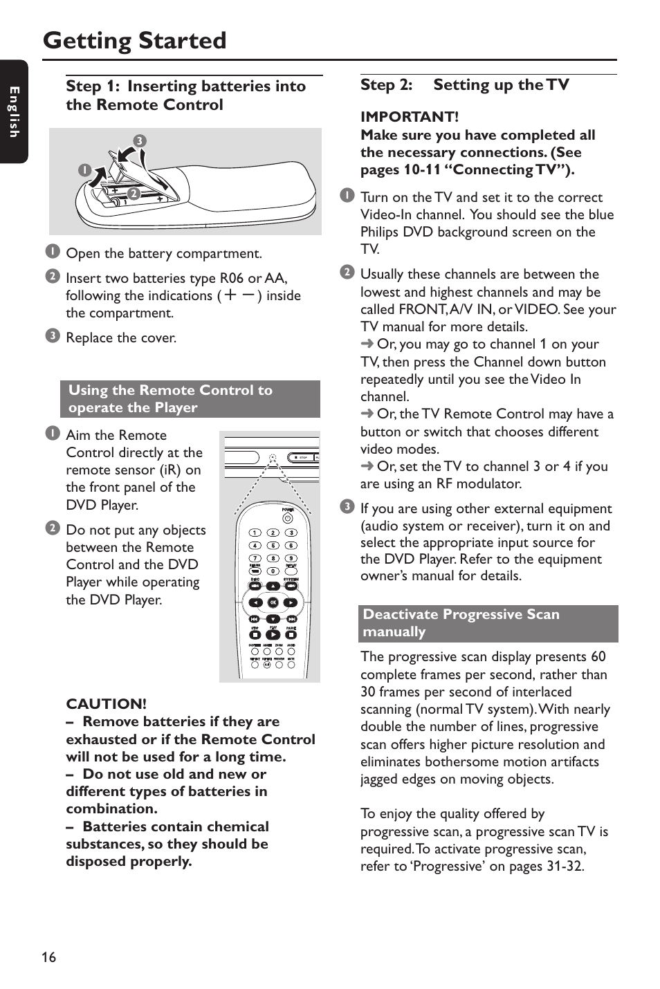 Getting started, Step 2: setting up the tv | Philips DVP642-37B User Manual | Page 16 / 39