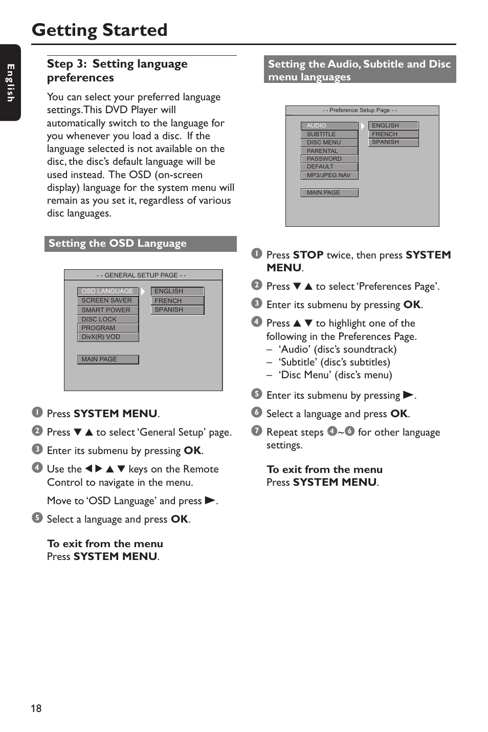 Getting started, Step 3: setting language preferences | Philips DVP642-37B User Manual | Page 18 / 39