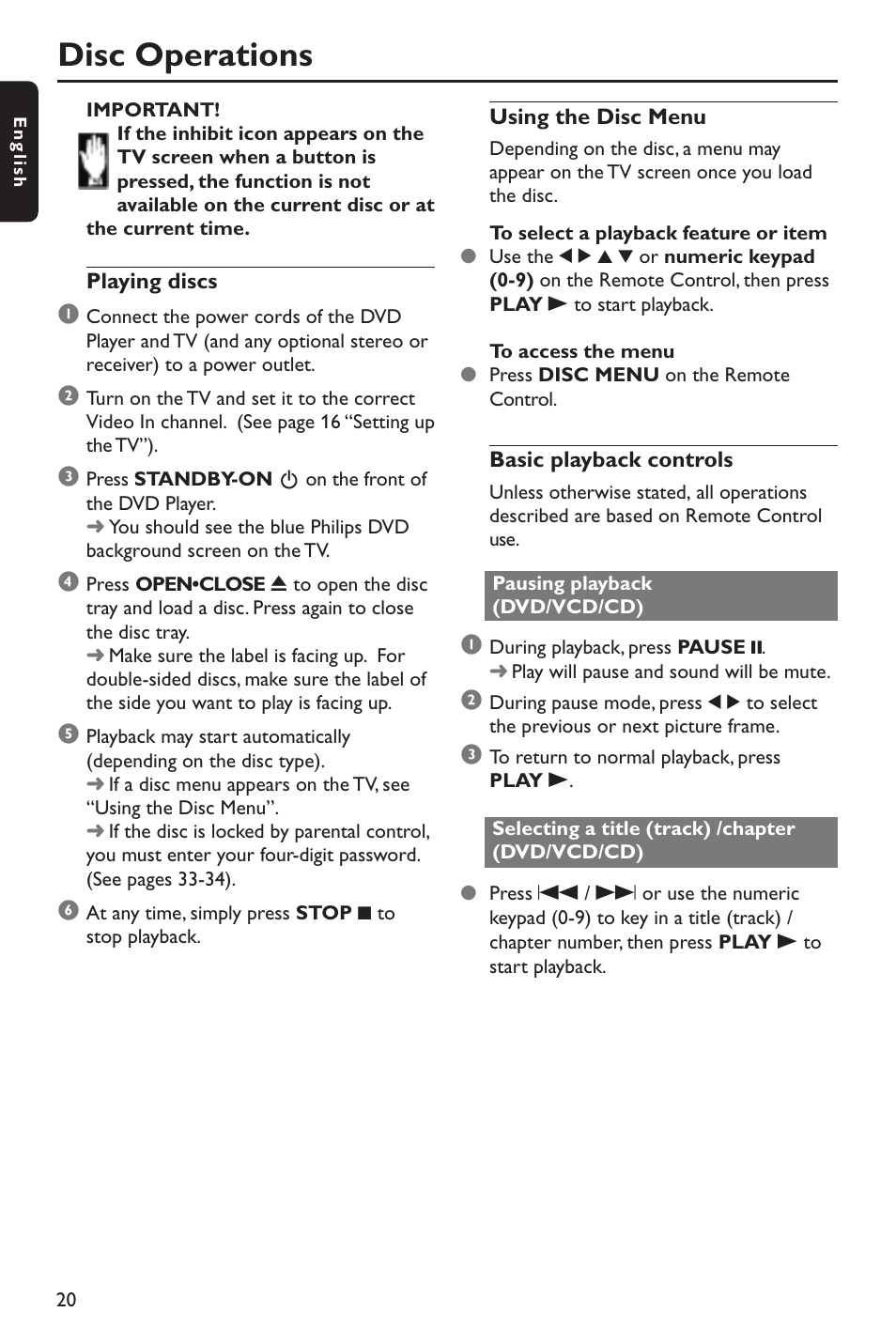 Disc operations | Philips DVP642-37B User Manual | Page 20 / 39