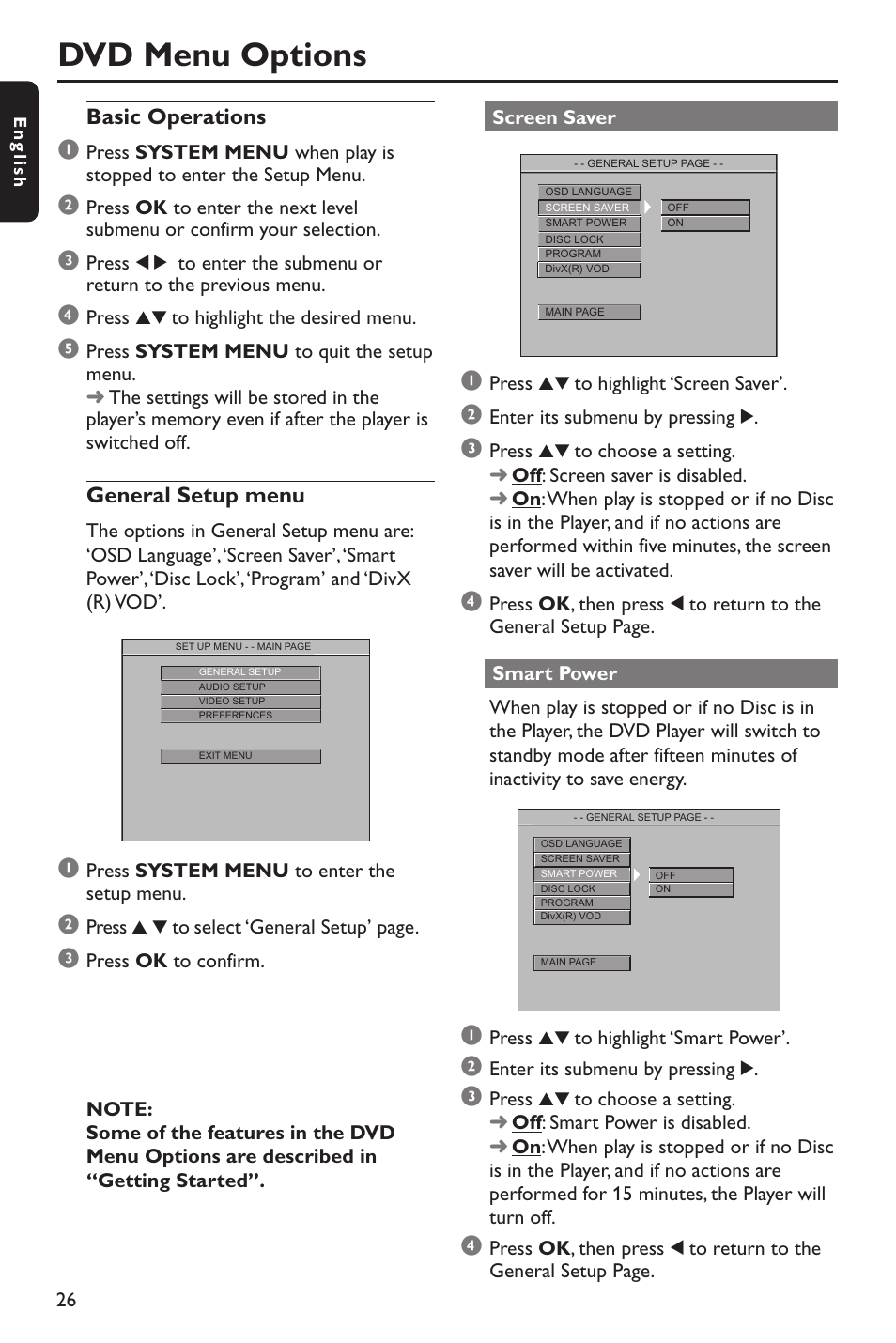 Dvd menu options, Basic operations, General setup menu | Philips DVP642-37B User Manual | Page 26 / 39