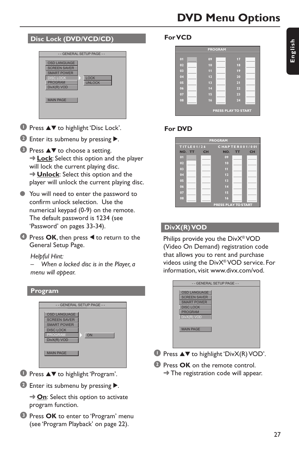 Dvd menu options, Disc lock (dvd/vcd/cd), Press 34 to highlight ‘disc lock | Enter its submenu by pressing 2, Press 34 to highlight ‘program, For dvd, Divx(r) vod philips provide you the divx, Press 34 to highlight ‘divx(r) vod, English | Philips DVP642-37B User Manual | Page 27 / 39