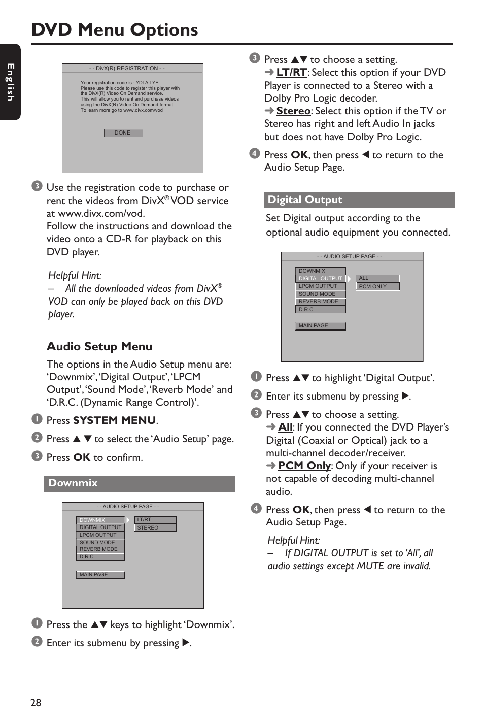 Dvd menu options, Audio setup menu | Philips DVP642-37B User Manual | Page 28 / 39