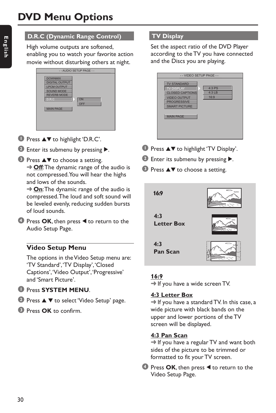 Dvd menu options, Video setup menu | Philips DVP642-37B User Manual | Page 30 / 39