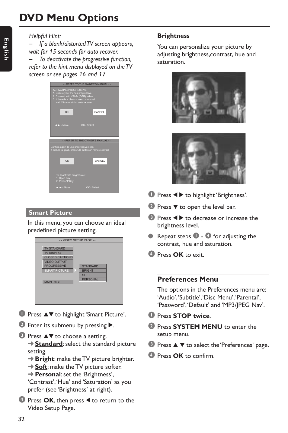 Dvd menu options, Preferences menu | Philips DVP642-37B User Manual | Page 32 / 39