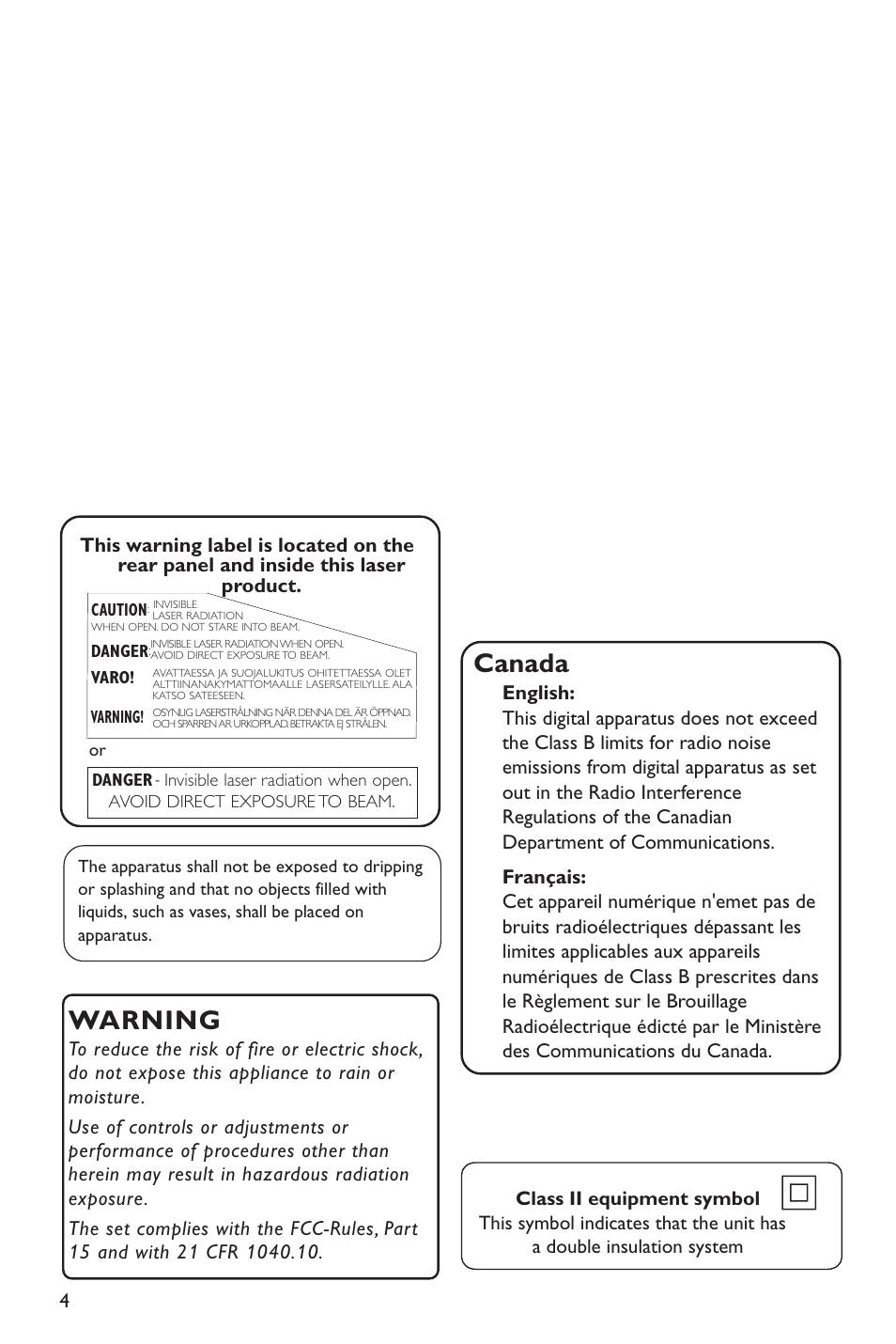 Canada, Warning | Philips DVP642-37B User Manual | Page 4 / 39